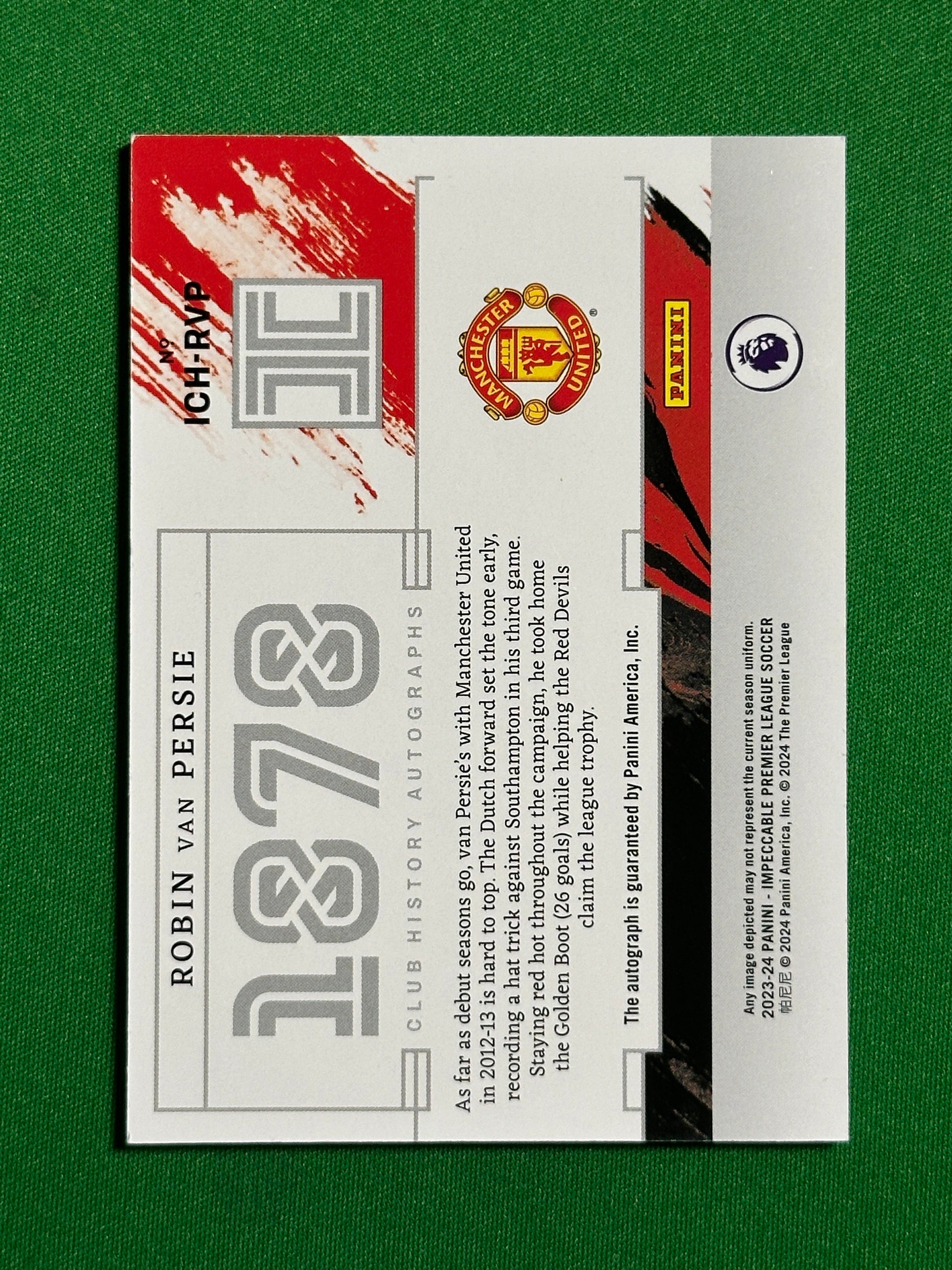 Robin Van Persie On-Card Club History Autograph 09/78 - Manchester United - Panini Impeccable 2023/24 Back