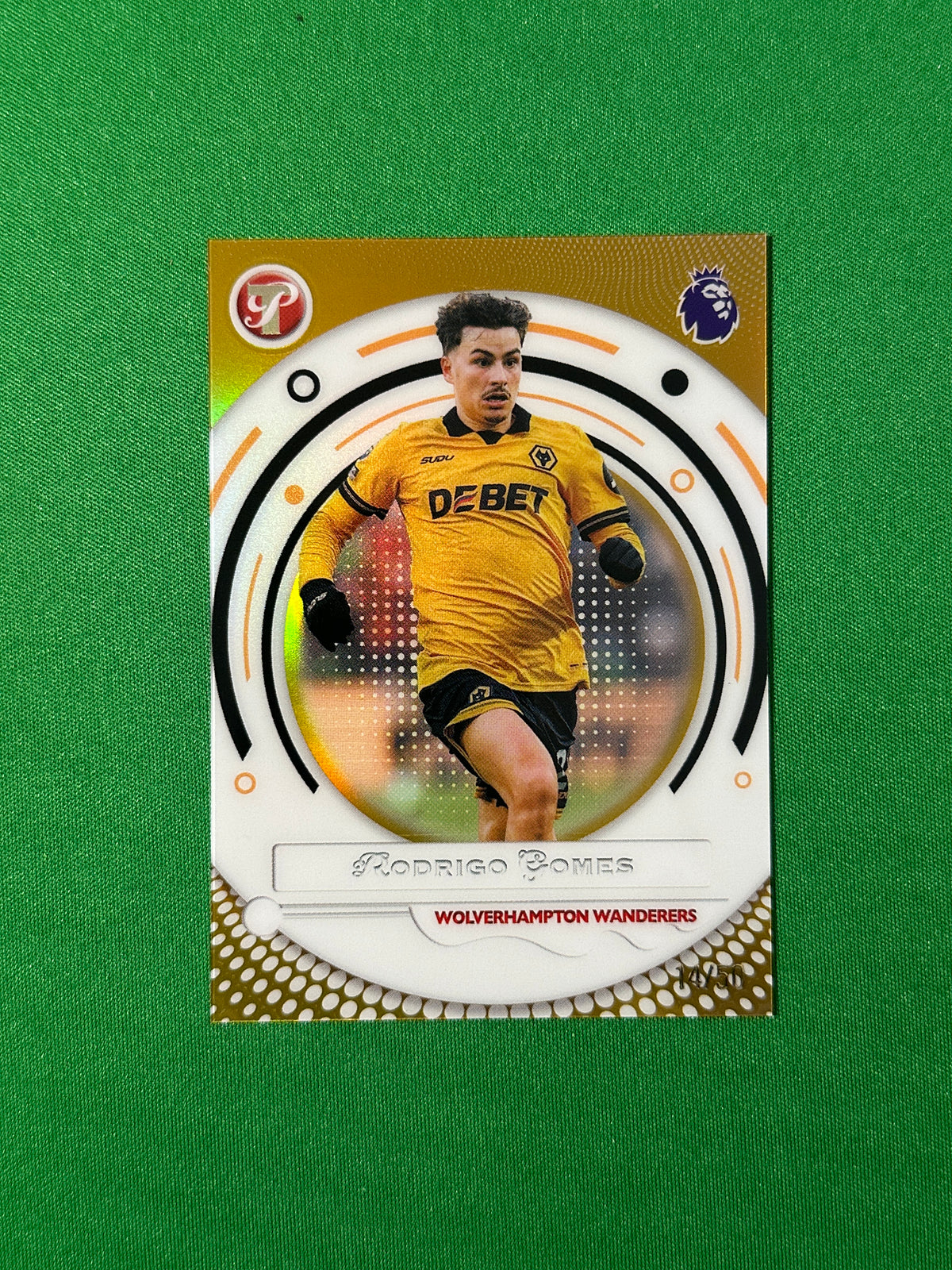 Rodrigo Gomes Gold Parallel 14/50 Wolverhampton Wanderers Topps PL Pristine 2025/26 football card