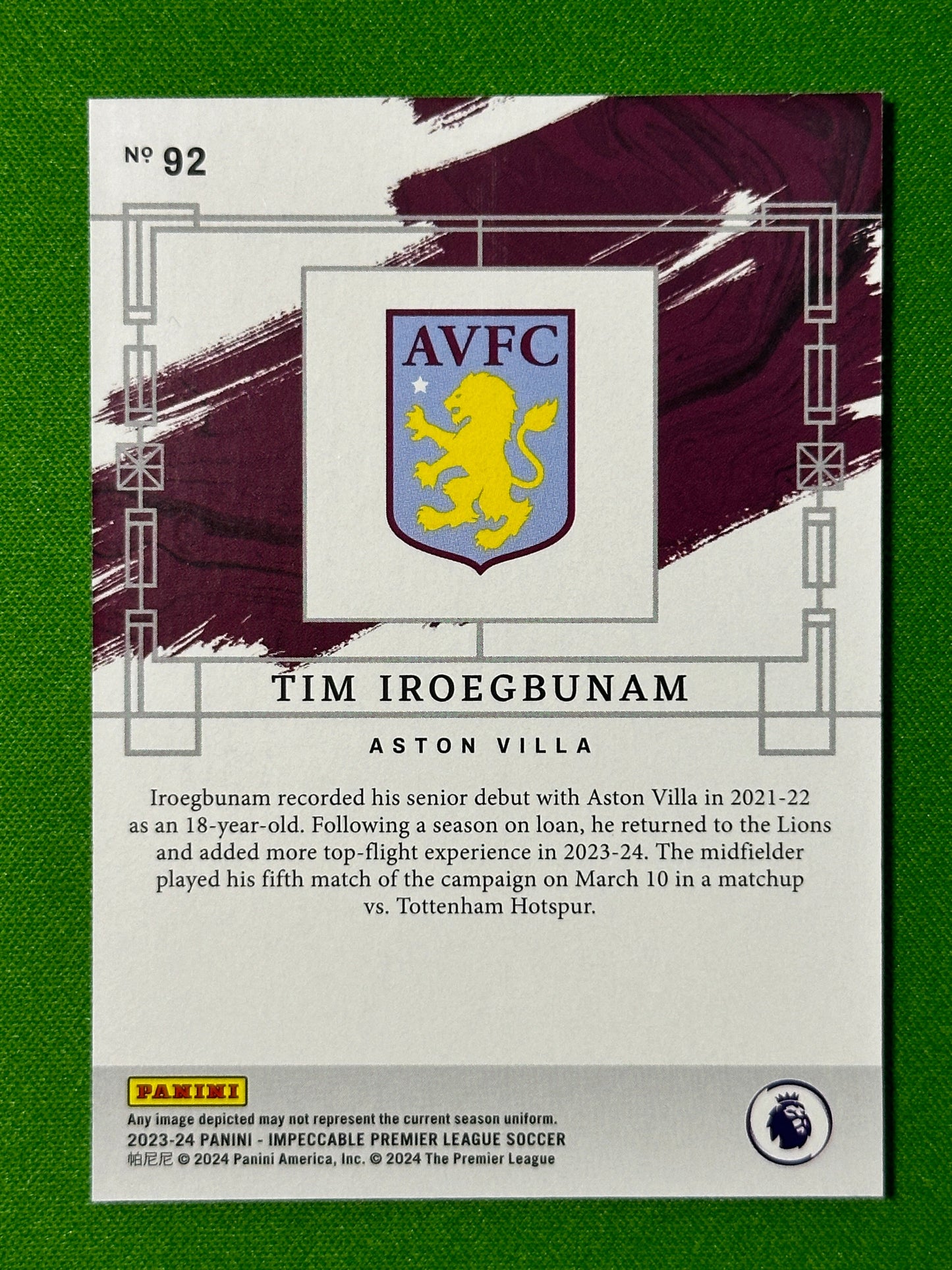 Tim Iroegbunam 17/62 - Aston Villa - Panini Impeccable 2023/24 Back