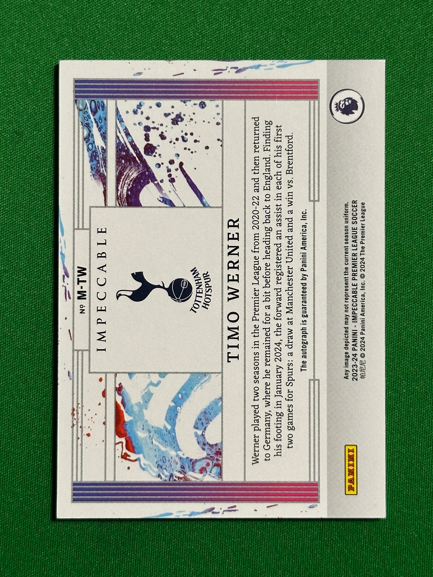 Timo Werner Autograph 89/99 - Tottenham Hotspur - Panini Impeccable 2023/24 Back