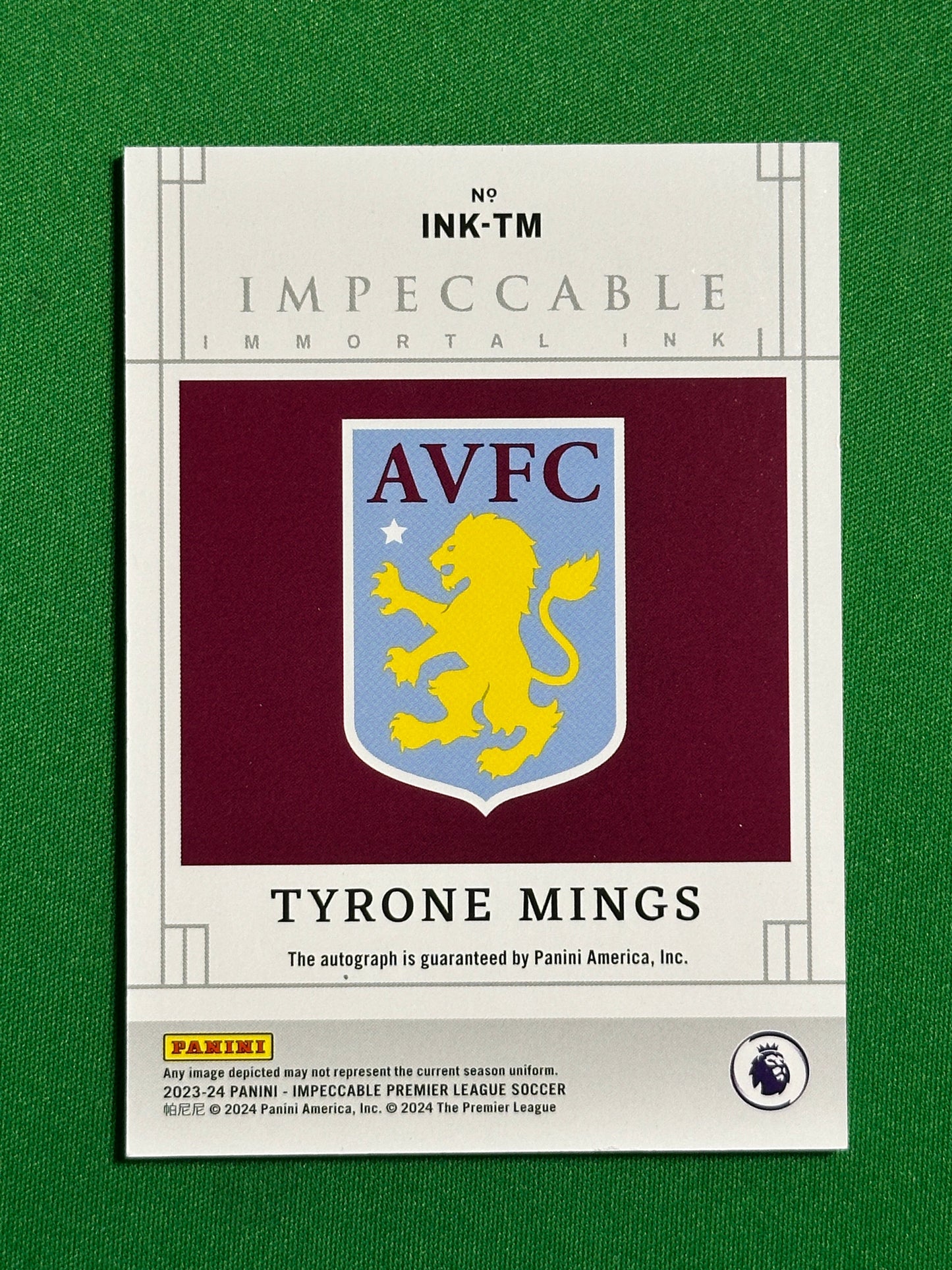 Tyrone Mings On-Card Autograph 55/99 - Aston Villa - Panini Impeccable 2023/24 Back