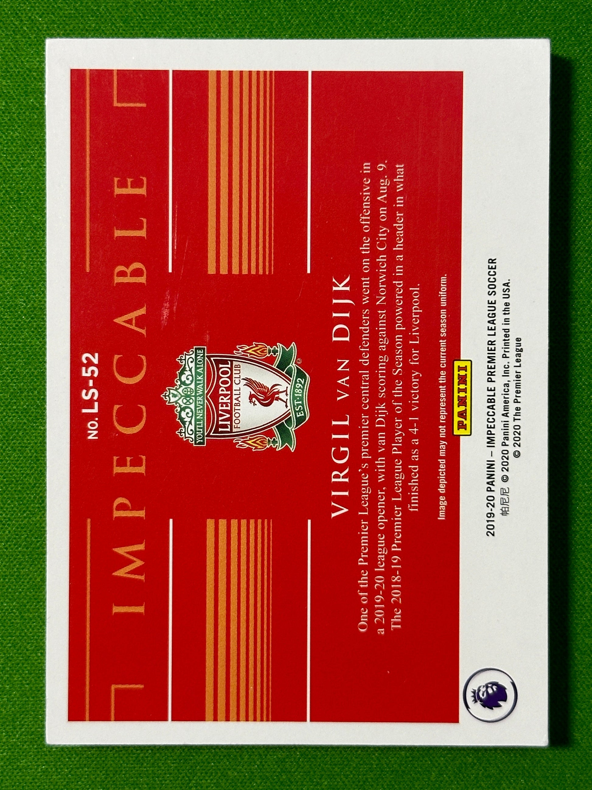 Virgil Van Dijk Silver Bar 24/25 - Liverpool - Panini Impeccable 2019/20 Back