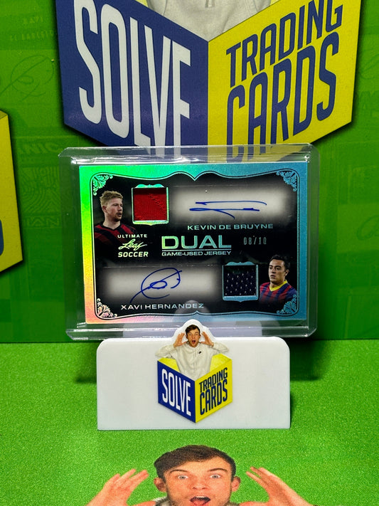 Xavi-Kevin-De-Bruyne-Dual-Autograph-Game-Used-Jersey-08-10-Leaf-Ultimate-Soccer-2022