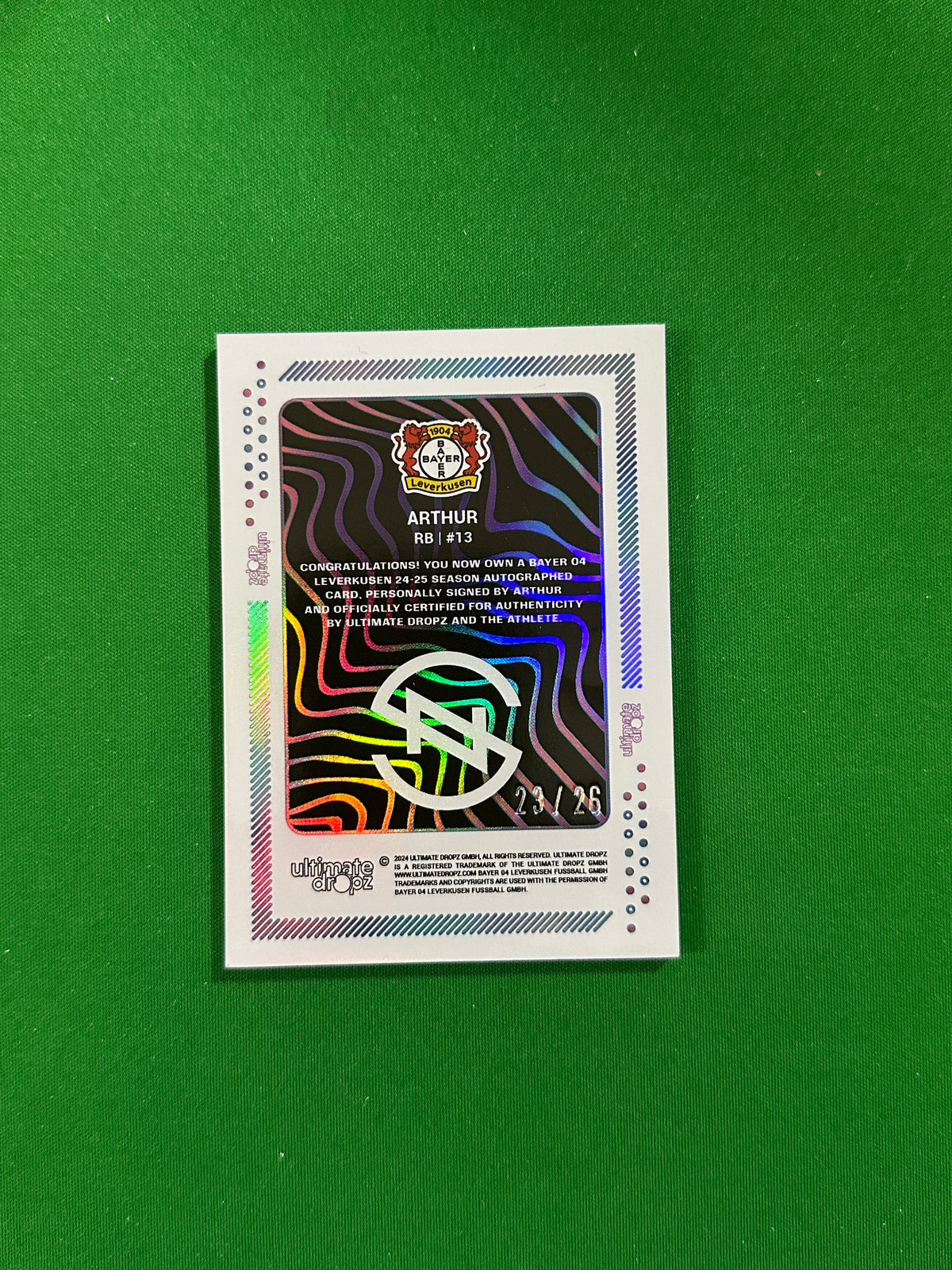 Arthur On-card Autograph 23/26 - Ultimate Dropz Bayer 04 Leverkusen Supernova 2024 - back