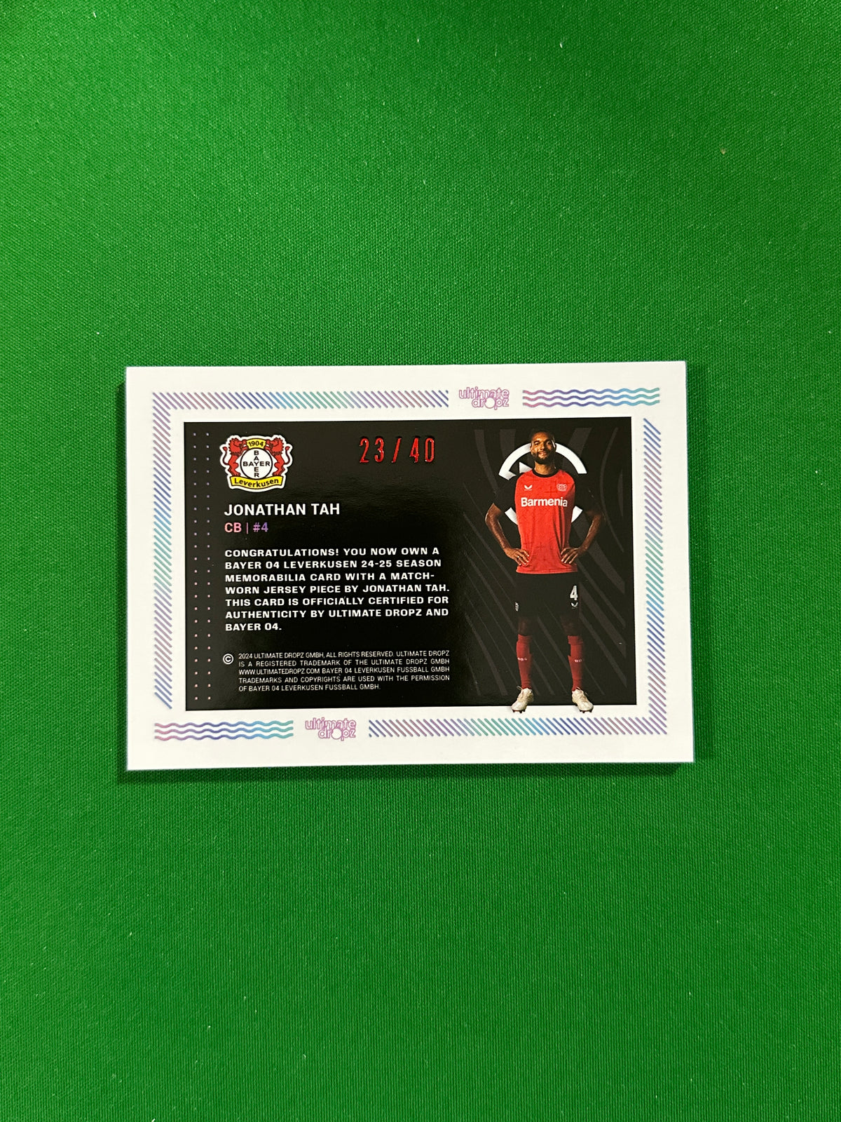 Jonathan Tah Match-worn Patch 23/40 - Ultimate Dropz Bayer 04 Leverkusen Supernova 2024 - back