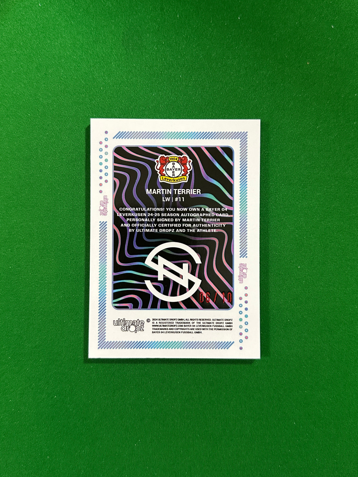 Martin Terrier On-card Autograph 06/10 - Ultimate Dropz Bayer 04 Leverkusen Supernova 2024 - back