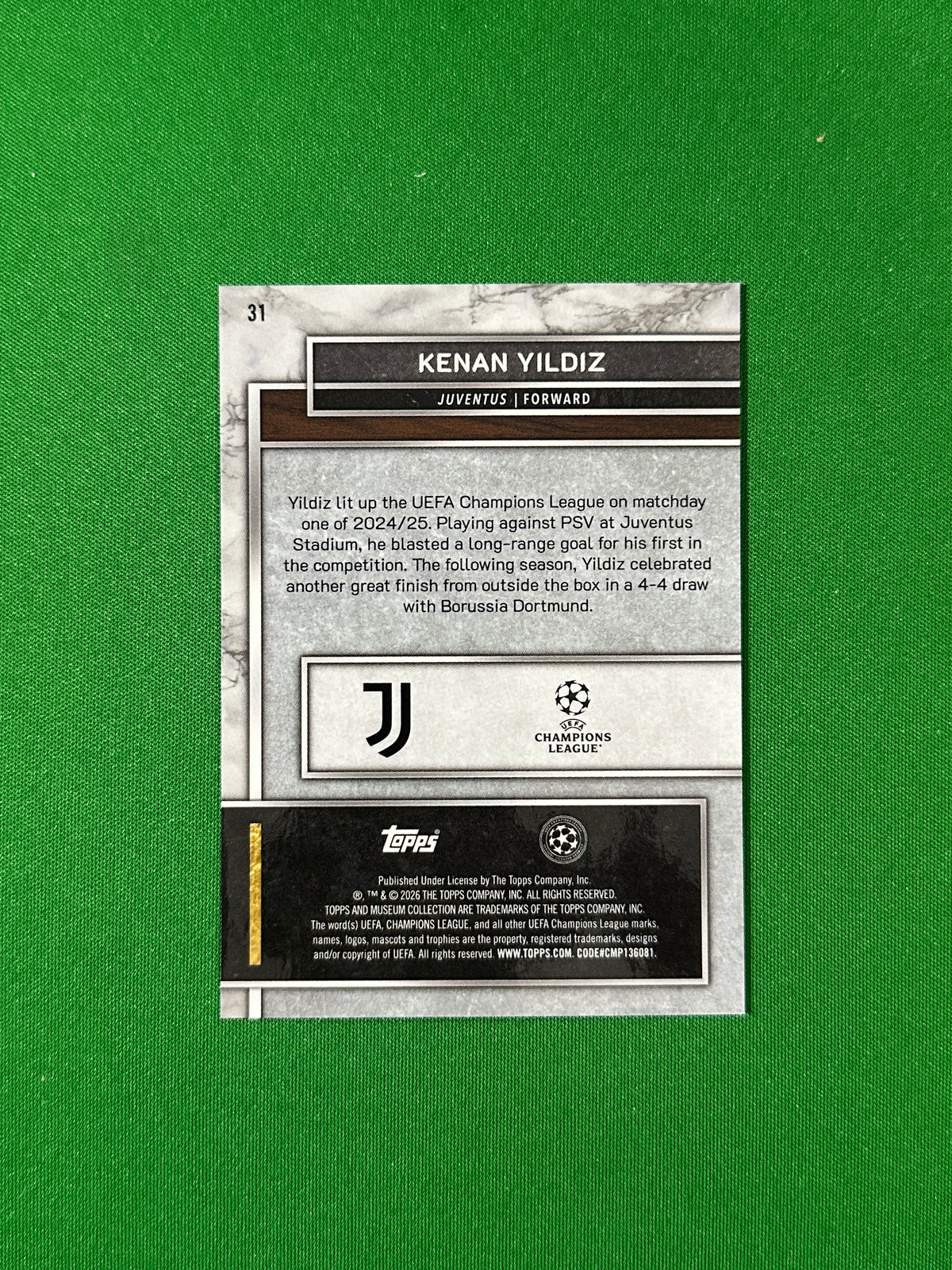 Kenan Yıldız Topps Museum UEFA 2025/26 Gold 041/249 #31 — back