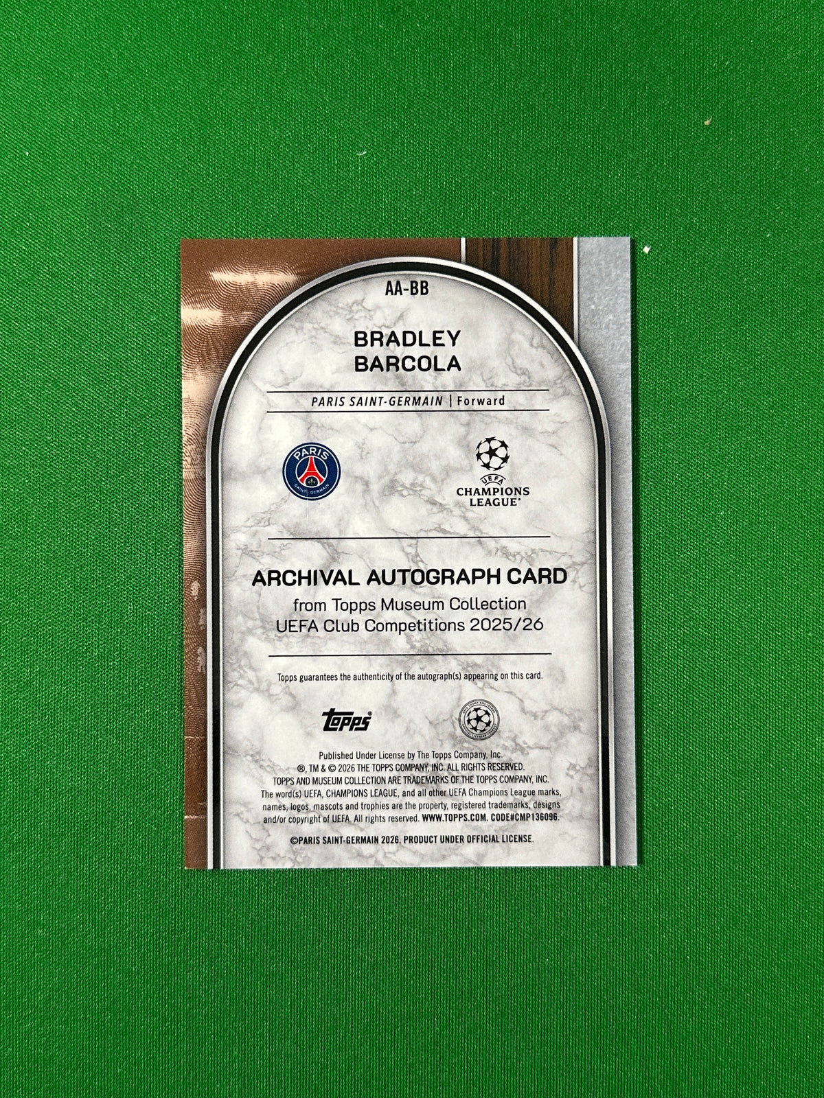 Bradley Barcola Topps Museum UEFA 2025/26 Archival Autograph 087/299 #AA-BB — back
