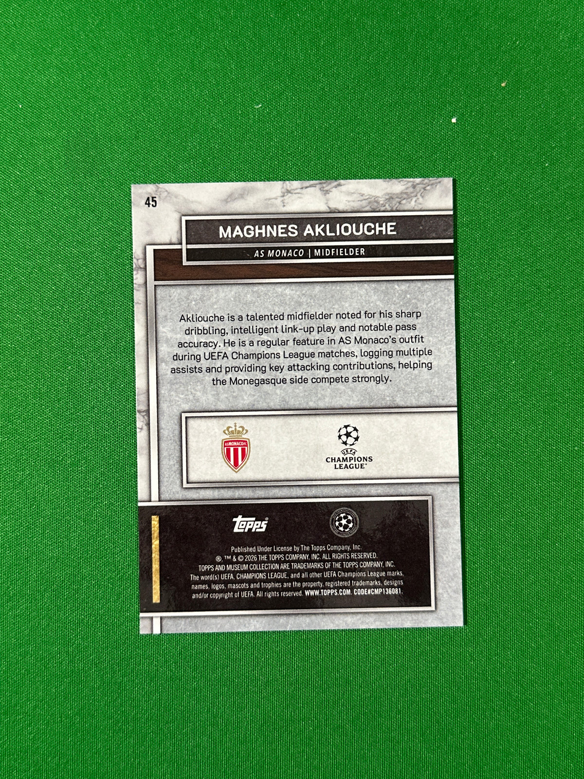 Maghnes Akliouche Topps Museum UEFA 2025/26 Gold 062/249 #45 — back