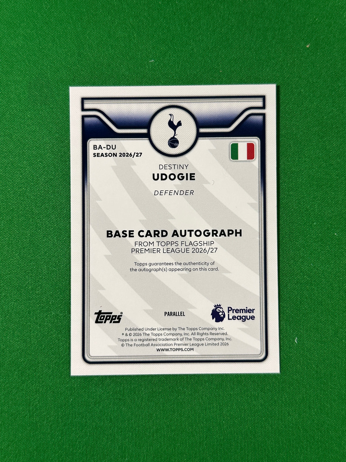 Destiny Udogie Topps Premier League 2026/27 Autograph Orange 06/25 #BA-DU — back