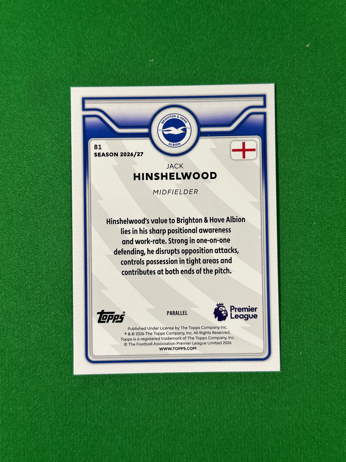Jack Hinshelwood Topps Premier League 2026/27 Blue 115/150 #81 — back