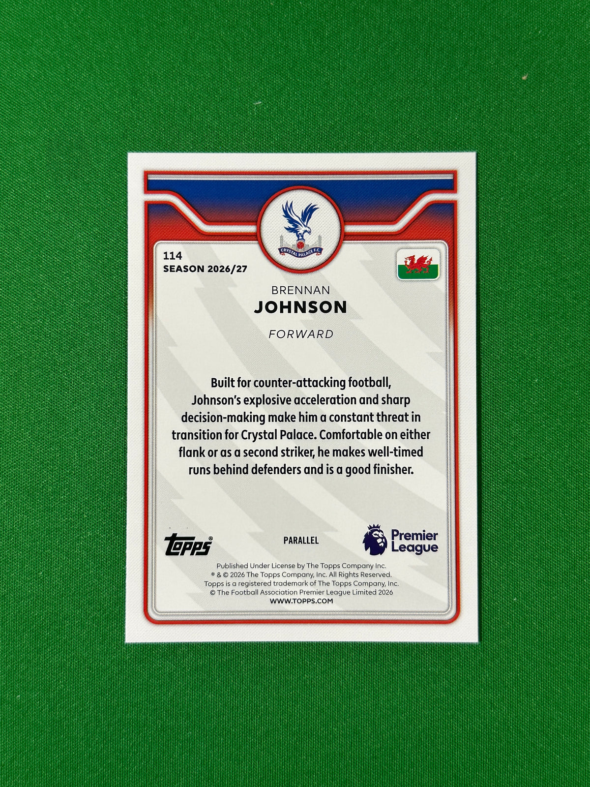 Brennan Johnson Topps Premier League 2026/27 Red 2/5 #114 — back