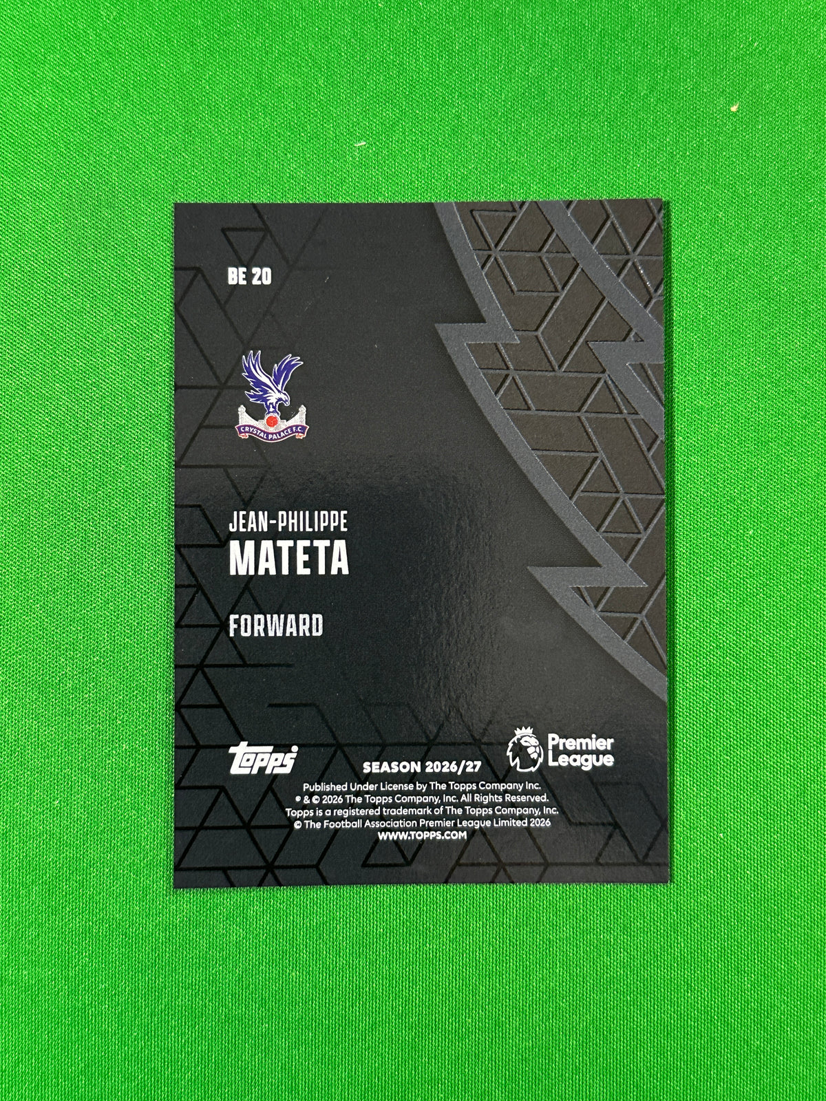 Jean-Philippe Mateta Topps Premier League 2026/27 Black Edge #BE-20 — back