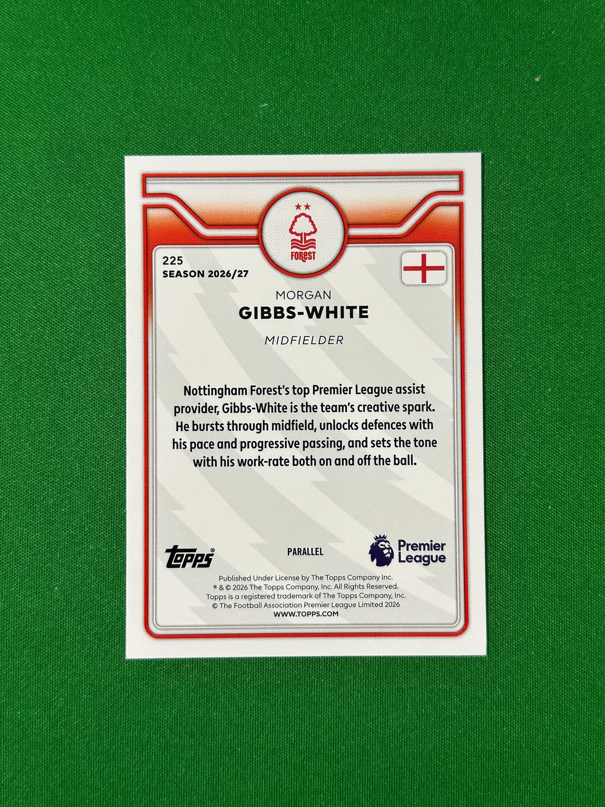 Morgan Gibbs-White Topps Premier League 2026/27 Blue 011/150 #225 — back