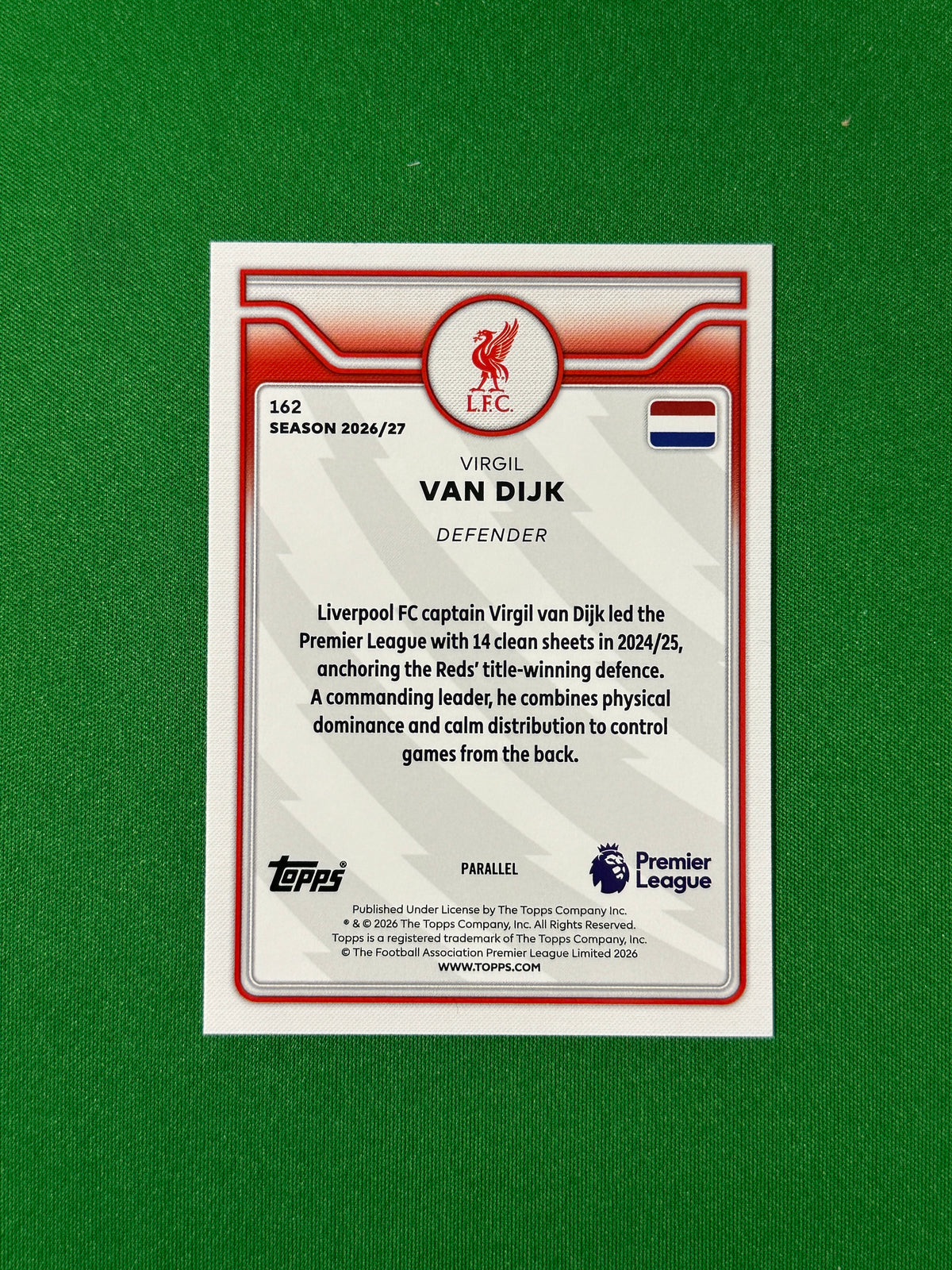 Virgil van Dijk Topps Premier League 2026/27 Black and White 17/75 #162 — back