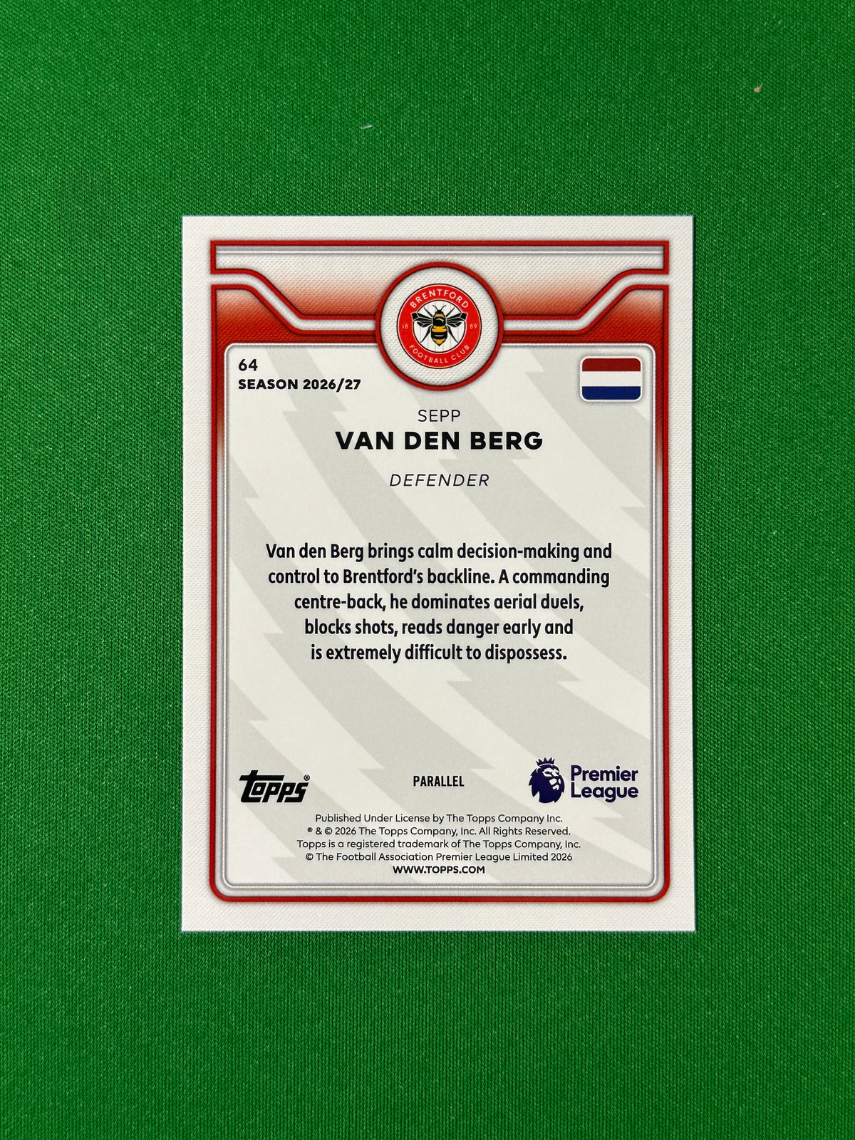 Sepp van den Berg Topps Premier League 2026/27 Black and White 50/75 #64 — back
