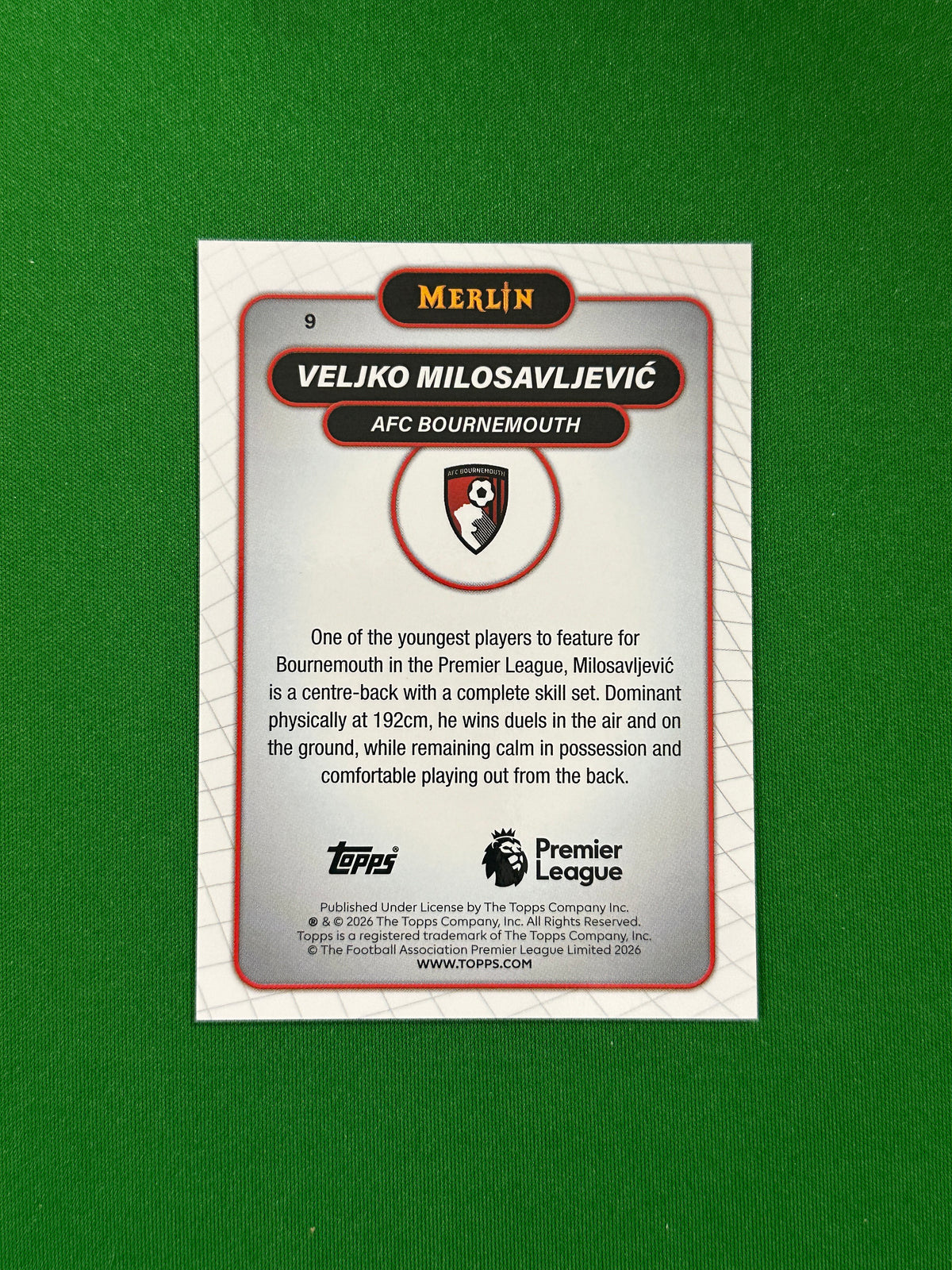 Veljko Milosavljević Rookie Parallel Green Mojo 42/99 - 2026 Topps Merlin Premier League - back