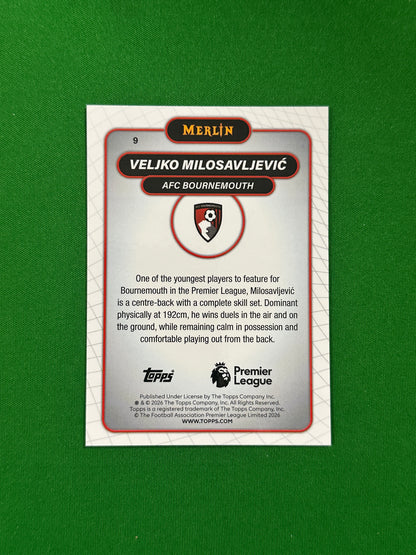 Veljko Milosavljević Rookie Parallel Green Mojo 42/99 - 2026 Topps Merlin Premier League - back