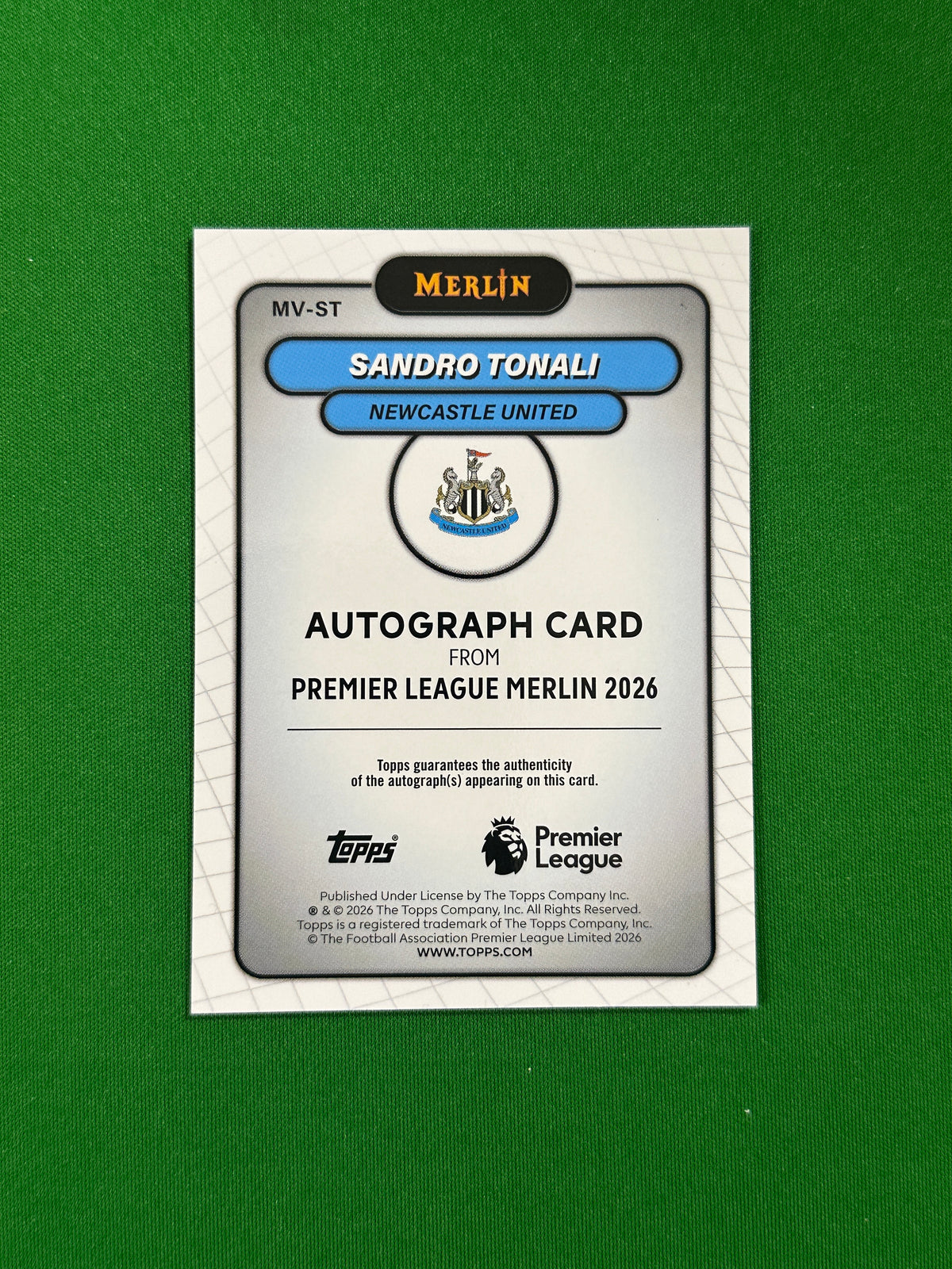 Sandro Tonali Autograph Green Refractor 24/99 - 2026 Topps Merlin Premier League - back