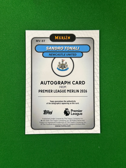 Sandro Tonali Autograph Green Refractor 24/99 - 2026 Topps Merlin Premier League - back