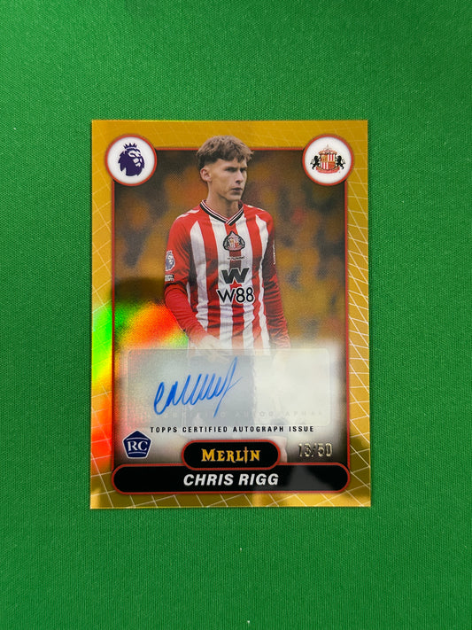 Chris Rigg Rookie Autograph Gold Refractor 13/50 - 2026 Topps Merlin Premier League - front