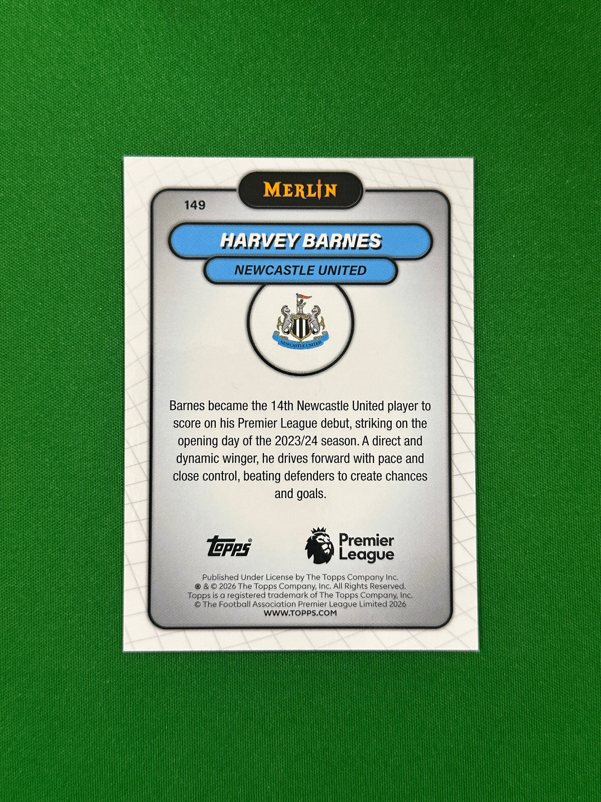 Harvey Barnes Parallel Green Mojo 71/99 - 2026 Topps Merlin Premier League - back
