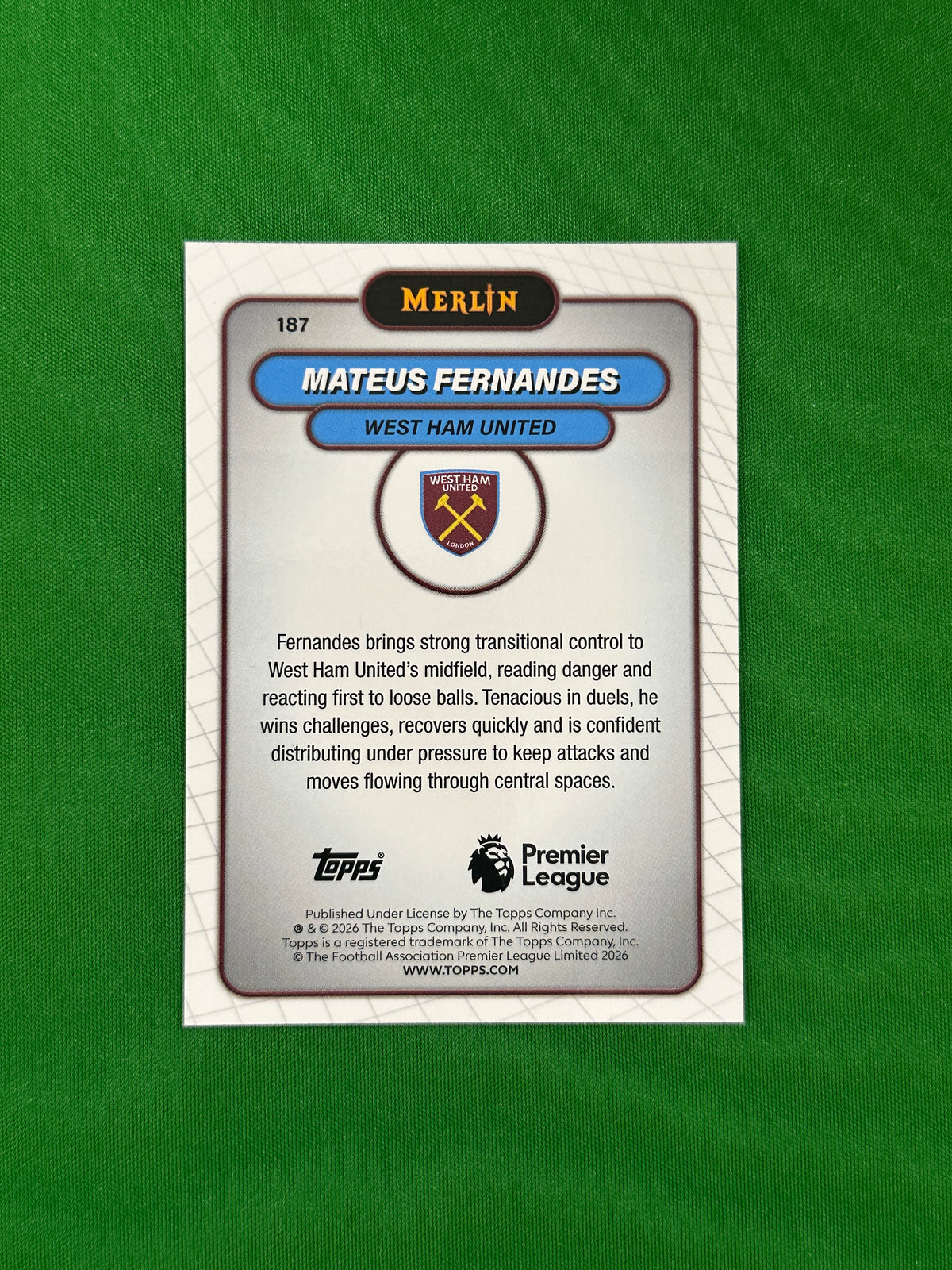 Mateus Fernandes Parallel Aqua Mojo 043/199 - 2026 Topps Merlin Premier League - back