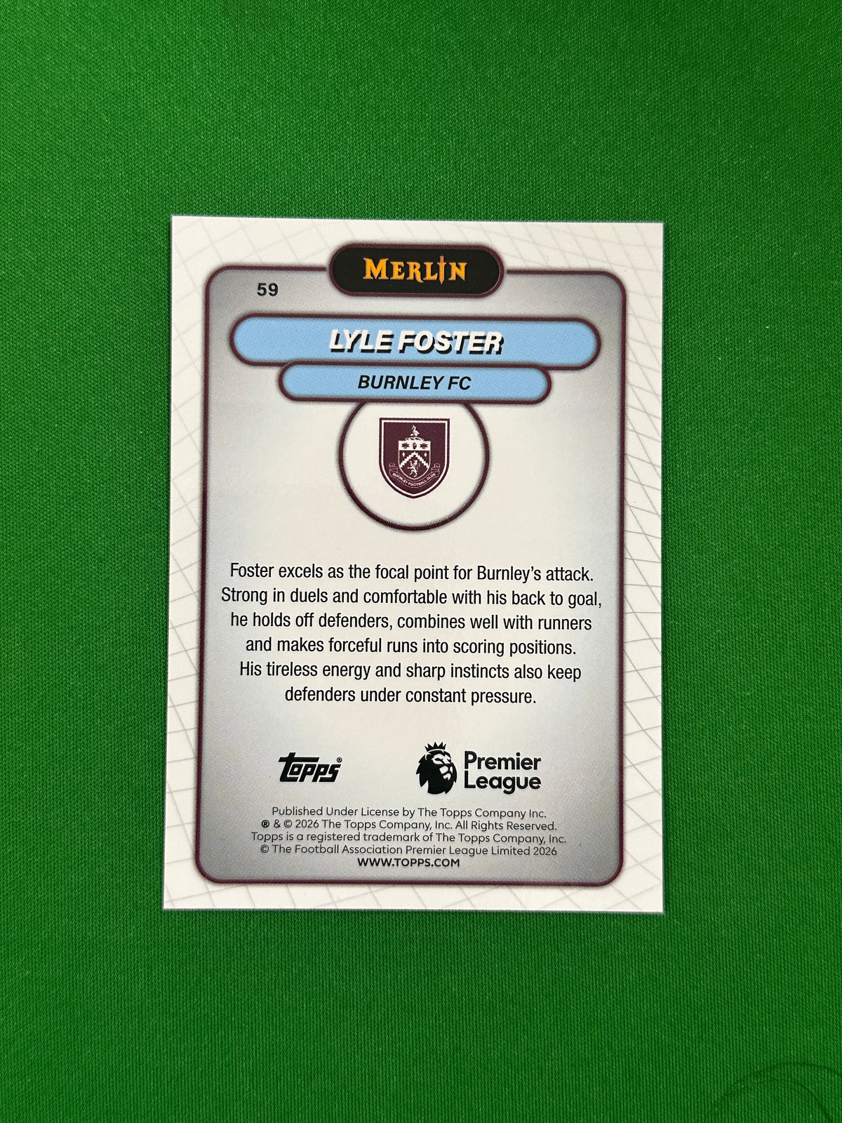 Lyle Foster Parallel Green Mojo 79/99 - 2026 Topps Merlin Premier League - back