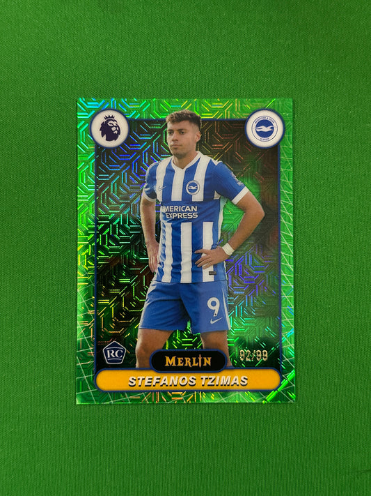 Stefanos Tzimas Rookie Parallel Green Mojo 92/99 - 2026 Topps Merlin Premier League - front