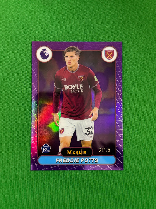Freddie Potts Rookie Parallel Purple Refractor 31/75 - 2026 Topps Merlin Premier League - front