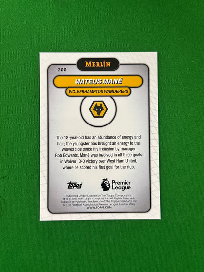Mateus Mané Rookie Parallel Aqua Mojo 187/199 - 2026 Topps Merlin Premier League - back