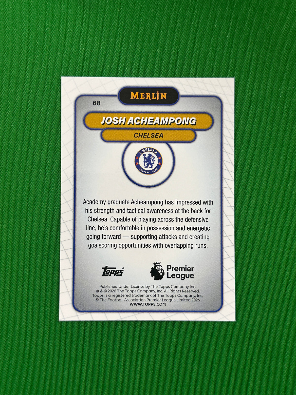 Josh Acheampong Parallel Blue Refractor 106/150 - 2026 Topps Merlin Premier League - back