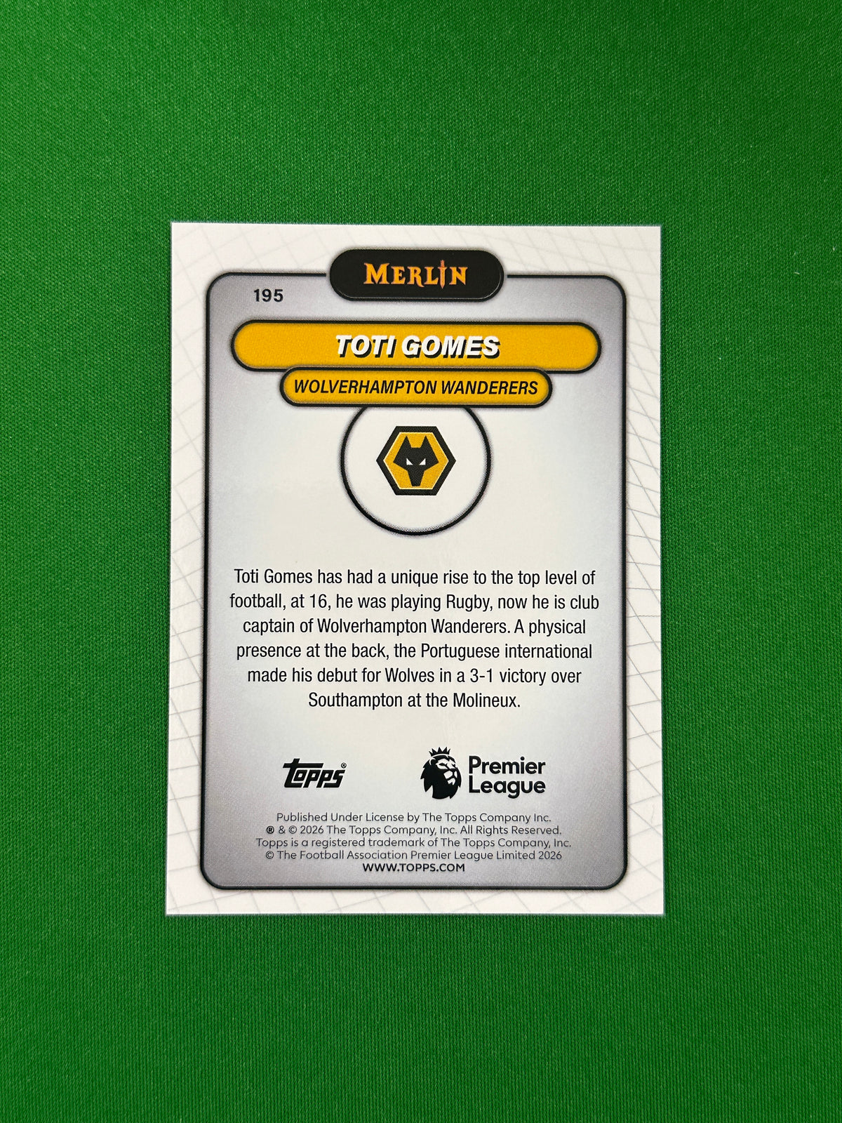 Toti Gomes Parallel Blue Mojo 130/150 - 2026 Topps Merlin Premier League - back