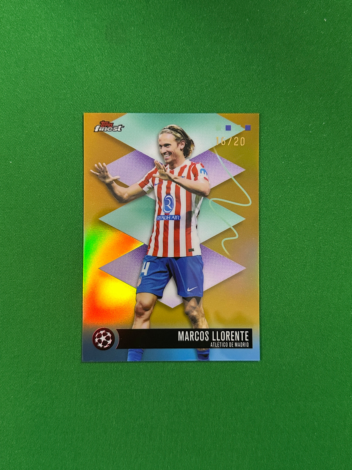 Marcos Llorente Rare Parallel Gold Refractor 16/20 - 2025-26 Topps Finest UEFA Club Competitions - front