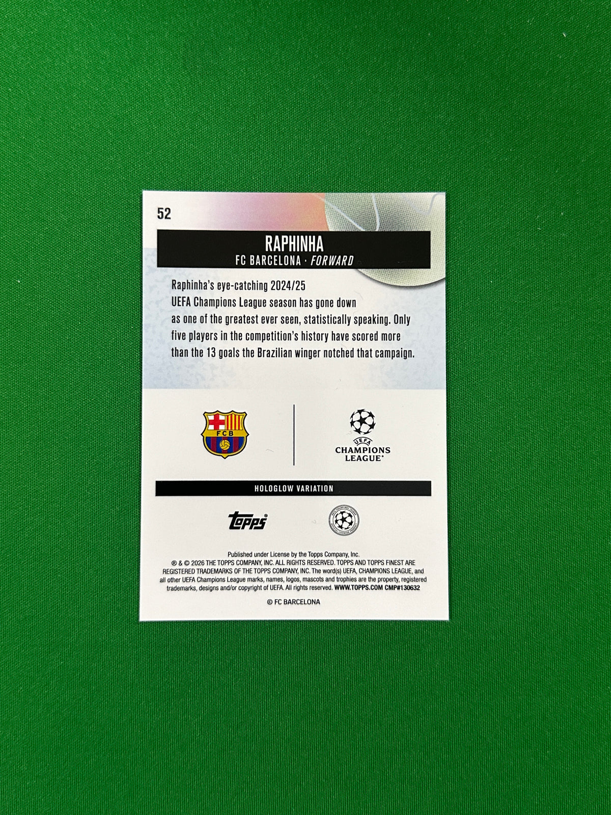 Raphinha HoloGlow Variation - 2025-26 Topps Finest UEFA Club Competitions - back