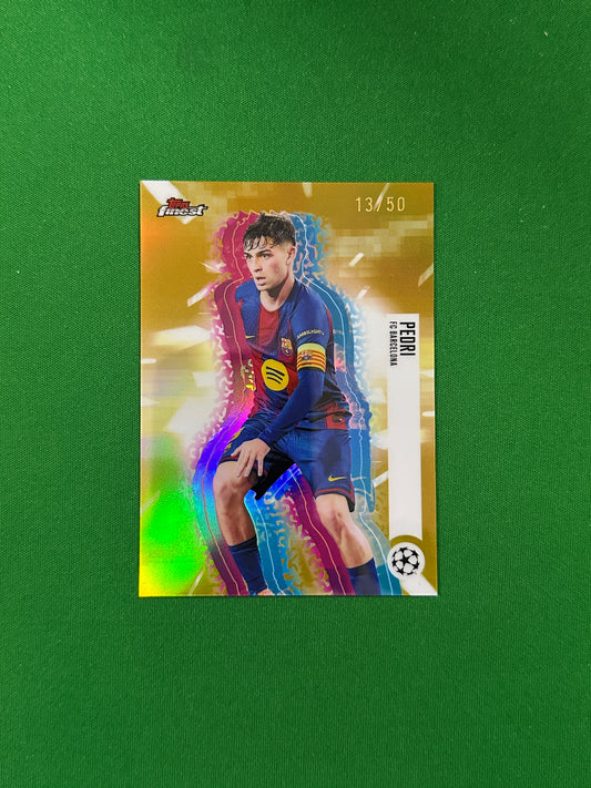 Pedri HoloGlow Variation Gold Refractor 13/50 - 2025-26 Topps Finest UEFA Club Competitions - front