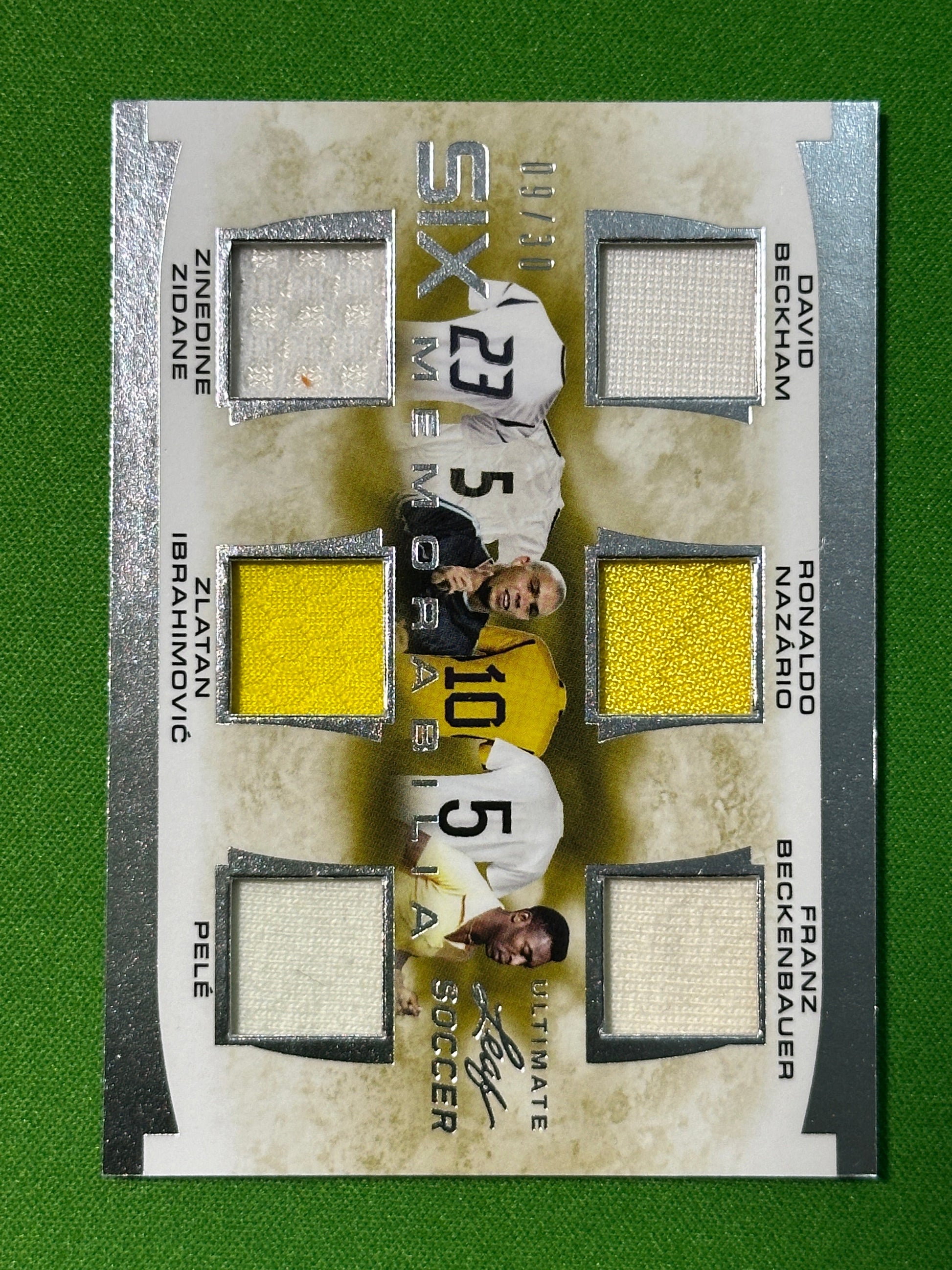 6 Player Game-Used Memorabilia 09/30 - Beckham/R9/Beckenbauer/Zidane/Ibrahimovic/Pele - Leaf Ultimate Soccer 2022 2