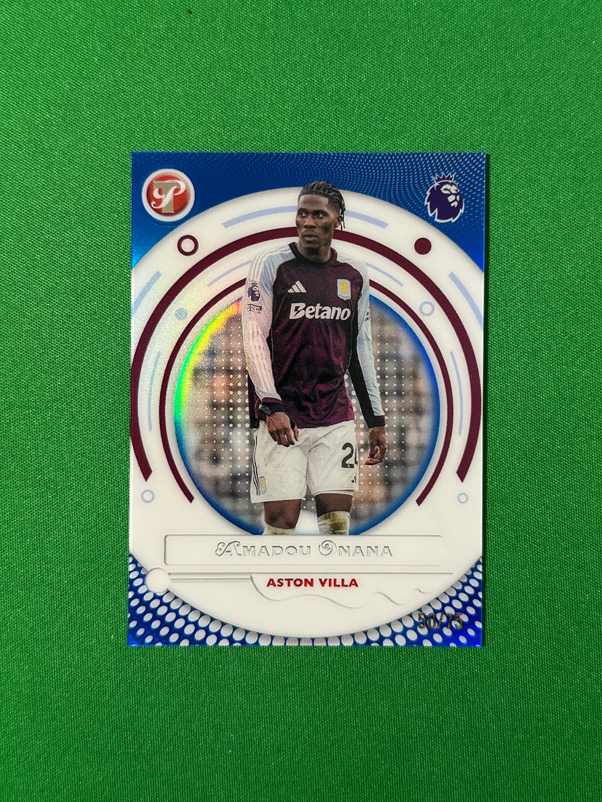 Amadou Onana Blue Parallel 50/75 Aston Villa Topps PL Pristine 2025/26 football card