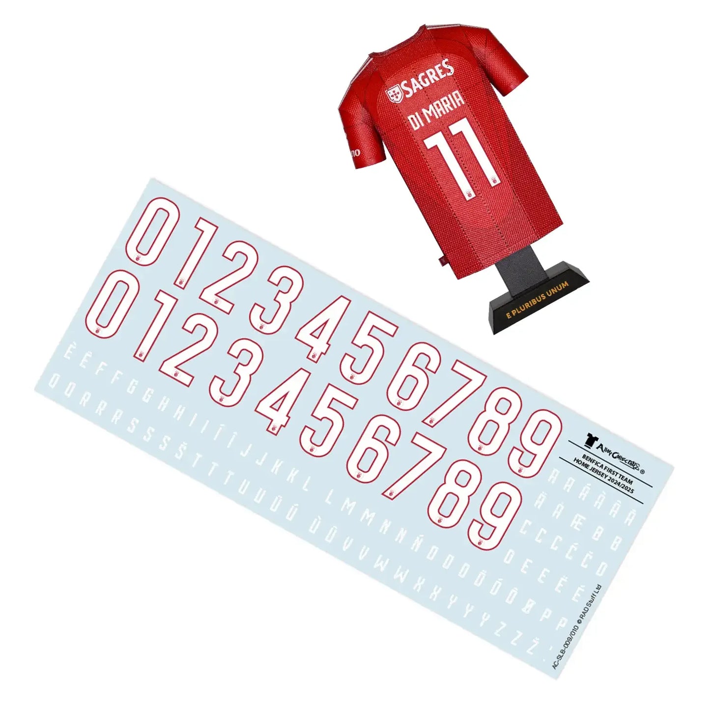 Benfica 24/25 home jersey collectible, made from metal, with Angel Di Maria on the back and decal sheet with alphabet and numbers for customisation