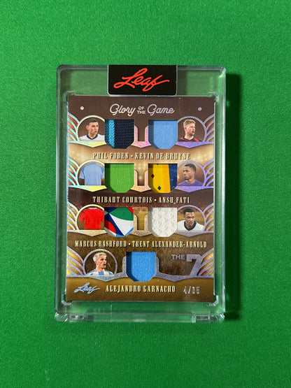 Phil Foden, Kevin De Bruyne, Thibaut Courtois, Ansu Fati, Marcus Rashford, Trent Alexander-Arnold & Alejandro Garnacho Relic 4/35 Leaf Glory of the Game 2026 football card Front