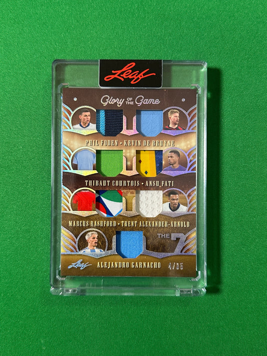 Phil Foden, Kevin De Bruyne, Thibaut Courtois, Ansu Fati, Marcus Rashford, Trent Alexander-Arnold & Alejandro Garnacho Relic 4/35 Leaf Glory of the Game 2026 football harap ng card