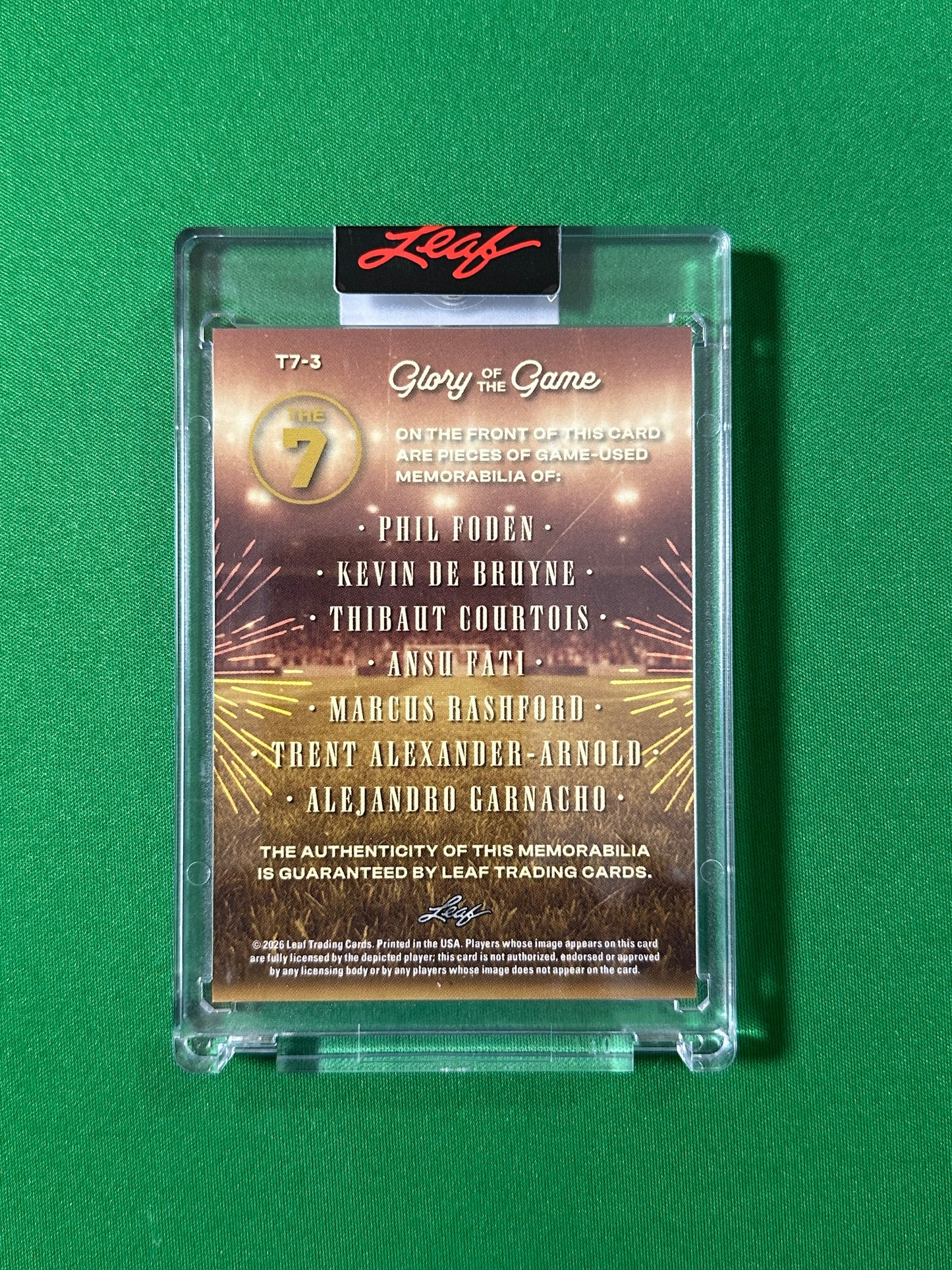 Phil Foden, Kevin De Bruyne, Thibaut Courtois, Ansu Fati, Marcus Rashford, Trent Alexander-Arnold & Alejandro Garnacho Relic 4/35 Leaf Glory of the Game 2026 football card back
