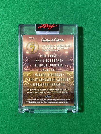 Phil Foden, Kevin De Bruyne, Thibaut Courtois, Ansu Fati, Marcus Rashford, Trent Alexander-Arnold & Alejandro Garnacho Relic 4/35 Leaf Glory of the Game 2026 football card back