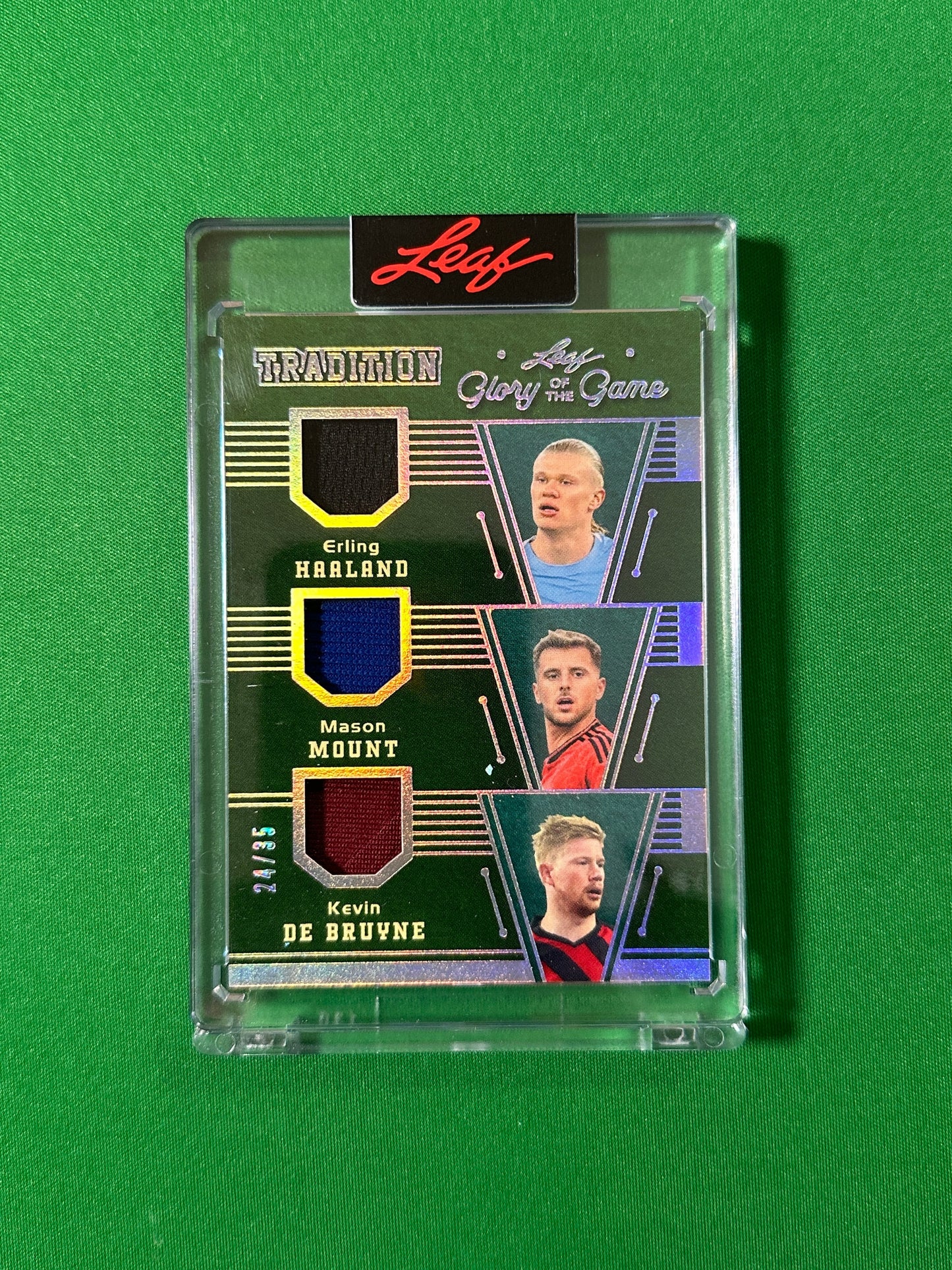 Erling Haaland, Mason Mount & Kevin De Bruyne Relic 24/35 Leaf Glory of the Game 2026 football card Front