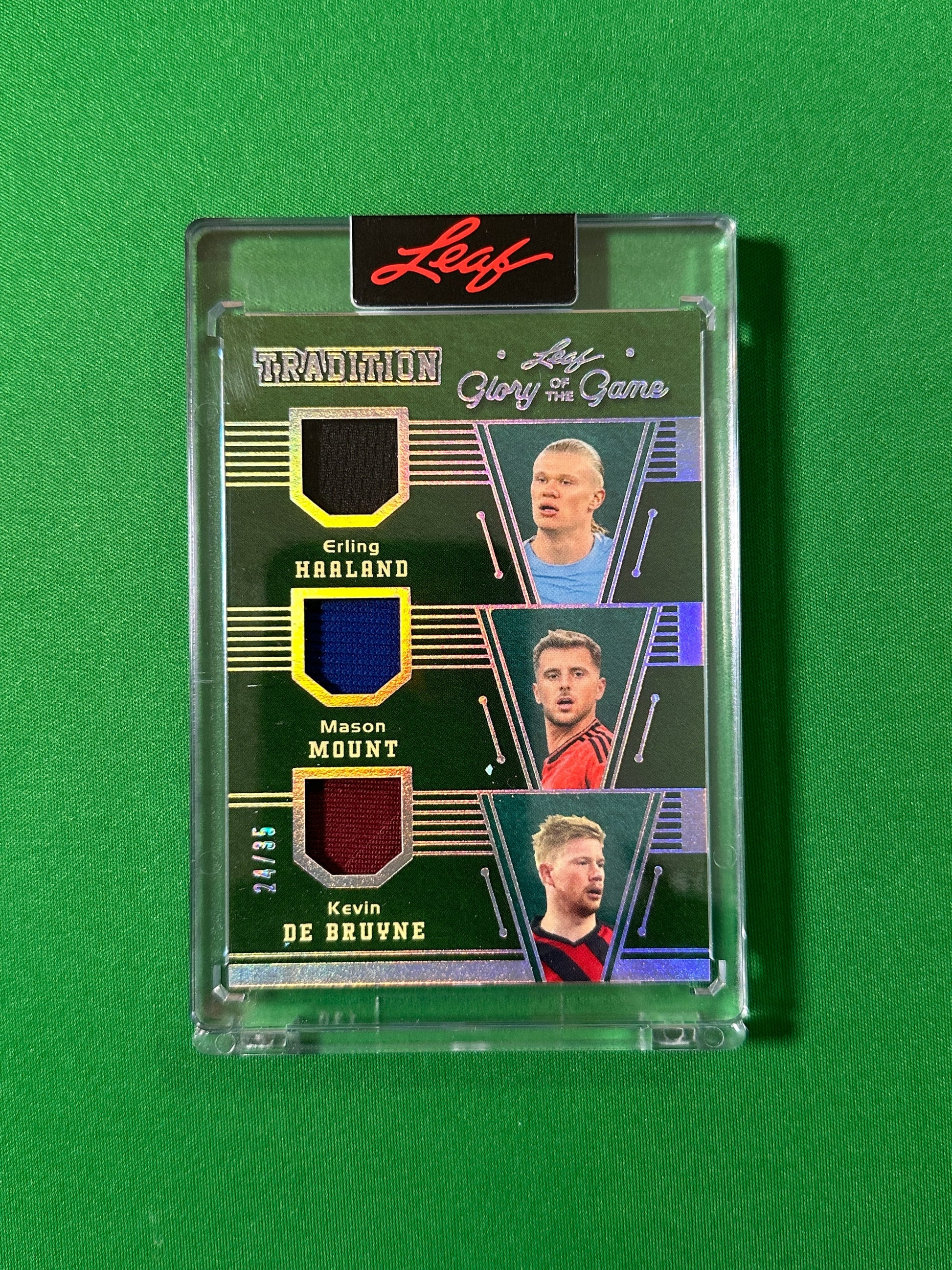 Erling Haaland, Mason Mount & Kevin De Bruyne Relic 24/35 Leaf Glory of the Game 2026 football card Front