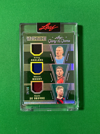 Erling Haaland, Mason Mount & Kevin De Bruyne Relic 24/35 Leaf Glory of the Game 2026 football card Front
