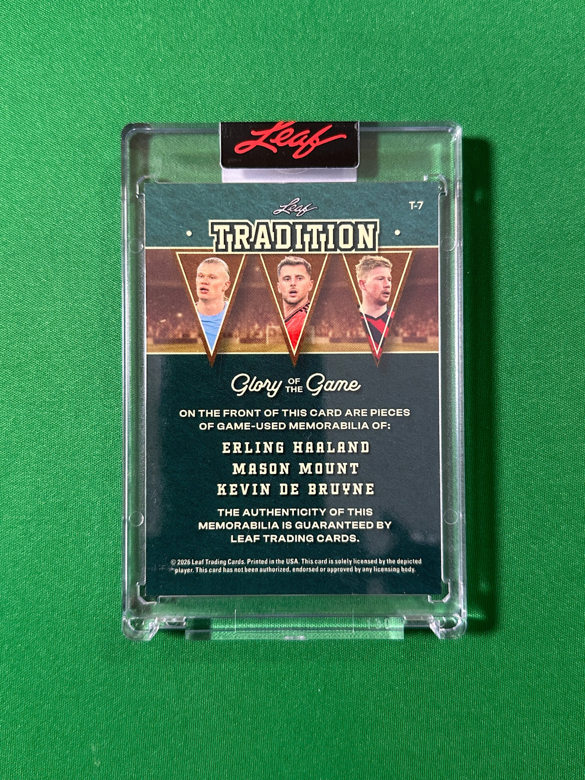 Erling Haaland, Mason Mount & Kevin De Bruyne Relic 24/35 Leaf Glory of the Game 2026 football card back