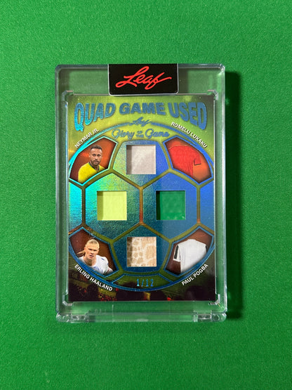 Neymar Jr., Romelu Lukaku, Paul Pogba & Erling Haaland Relic 1/12 Leaf Glory of the Game 2026 football card Front