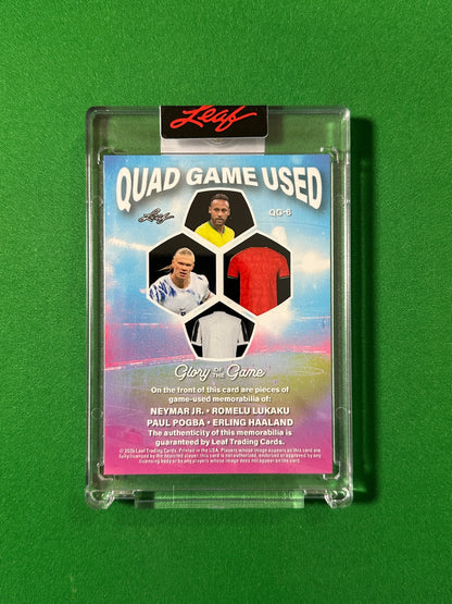 Neymar Jr., Romelu Lukaku, Paul Pogba & Erling Haaland Relic 1/12 Leaf Glory of the Game 2026 football card back