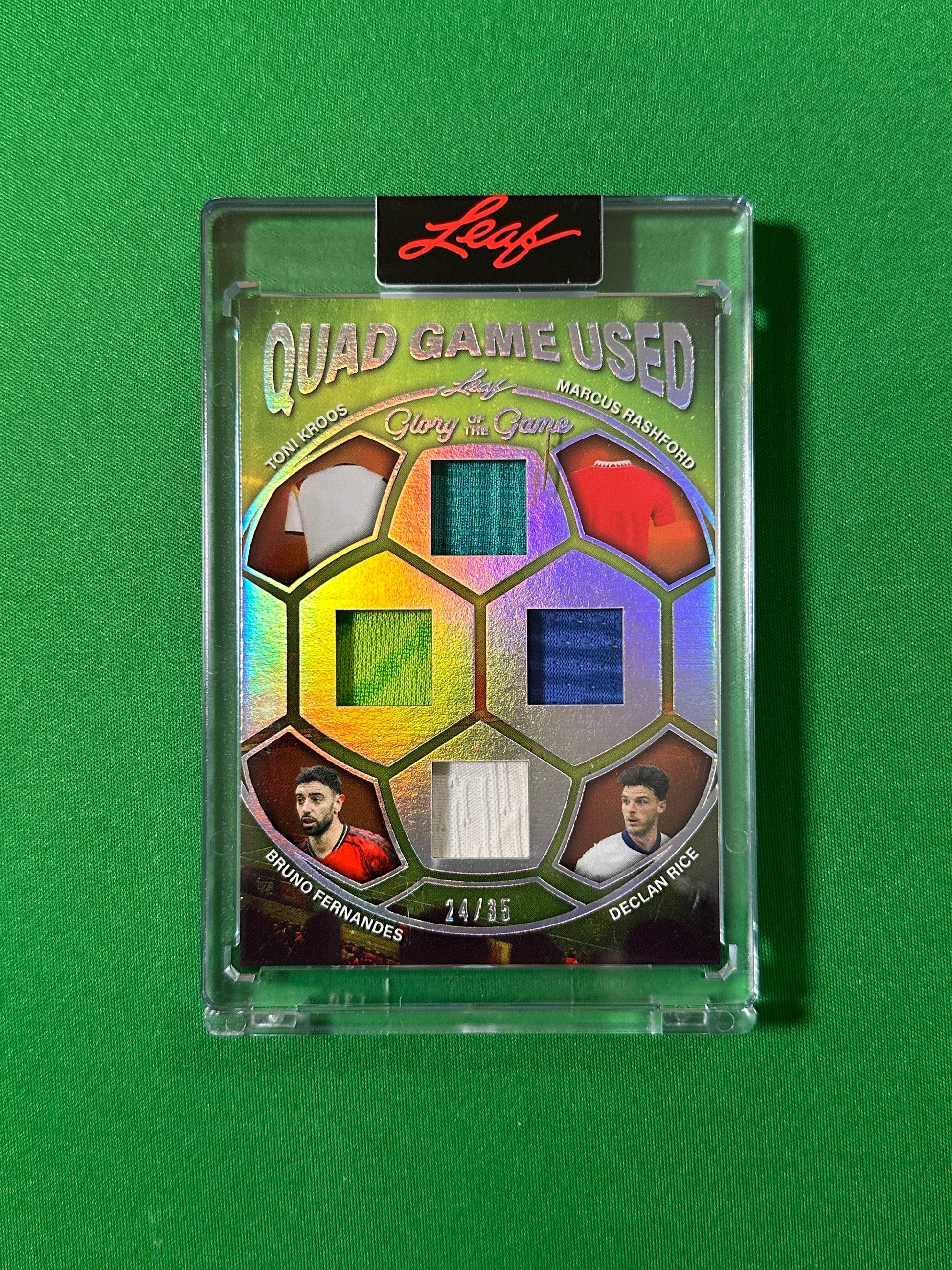 Toni Kroos, Marcus Rashford, Declan Rice & Bruno Fernandes Relic 24/35 Leaf Glory of the Game 2026 football card Front
